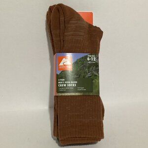 Men's Wool Blend Crew Socks Size 6-12 Brown 3 Pairs Cushioned Brand New Sealed